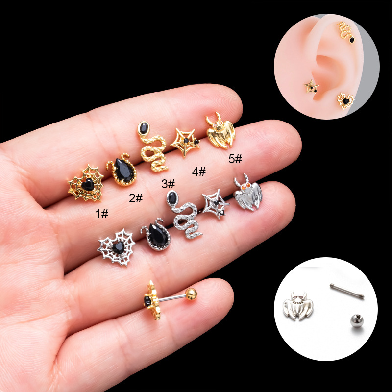 2 pezzi orecchini a doppia testa in zircone nero con vite in acciaio inossidabile, asta sottile, orecchini alla moda per la foratura della cartilagine_voghion.com