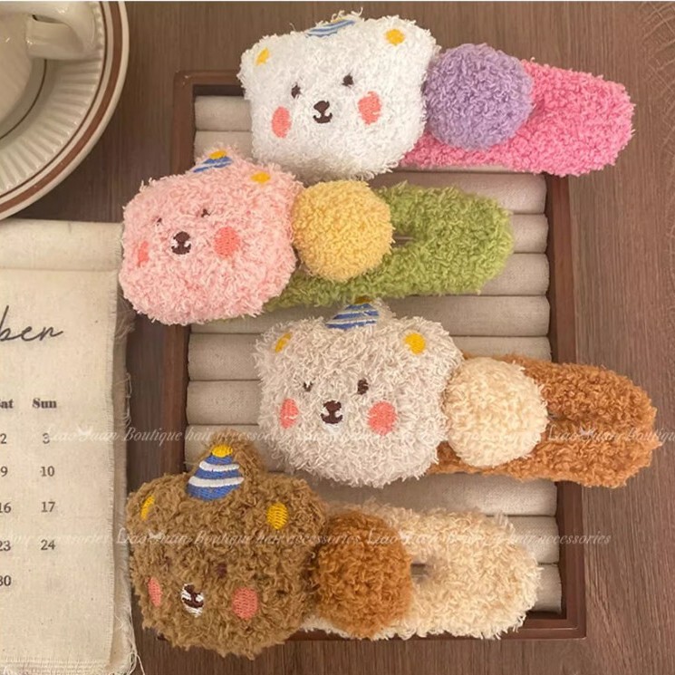Autumn and Winter lamb fur cute bear hairpin large plush duckbill clip face washing hair accessories girl side bangs clip