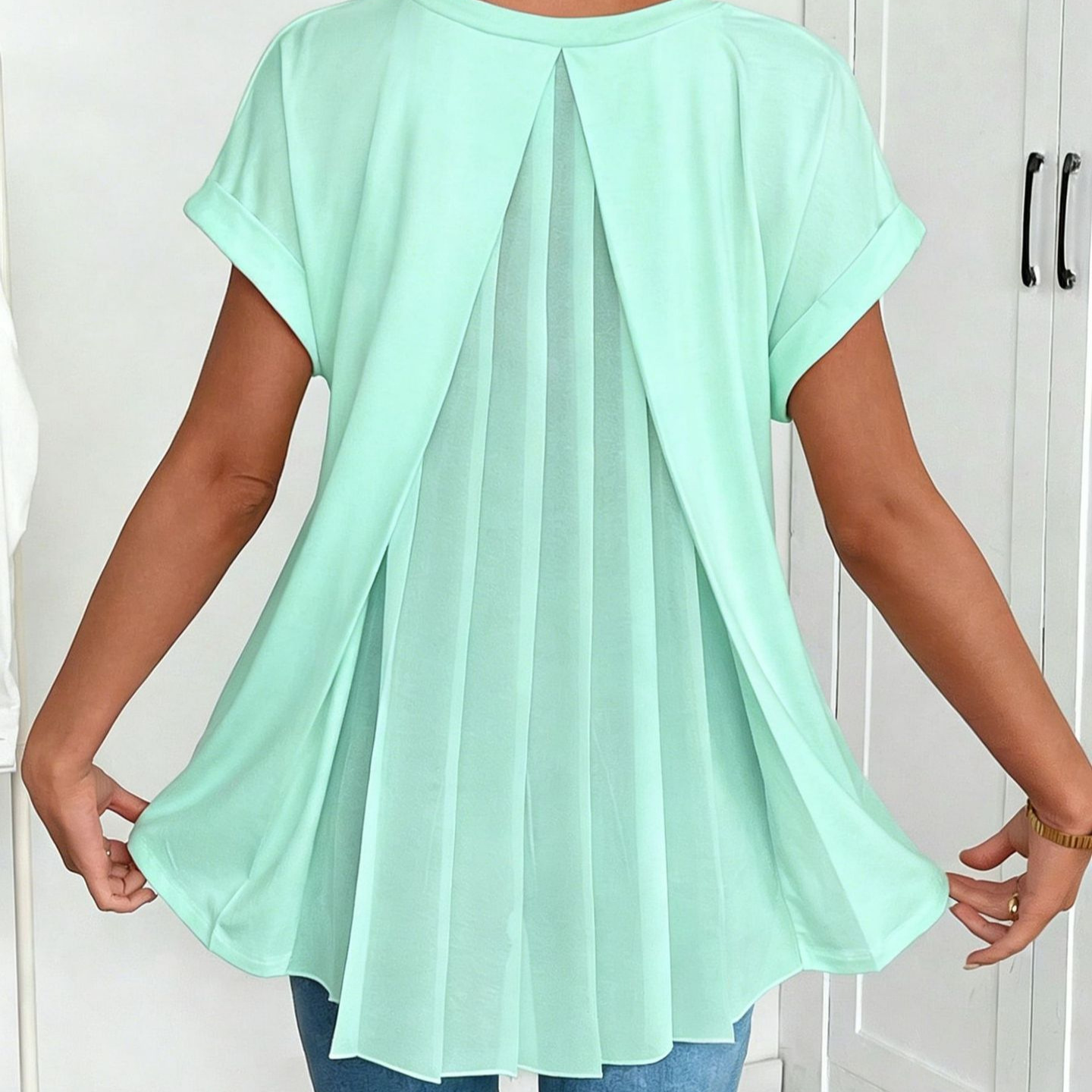 Women's Clothing Spring Women's Cross Border Top V Neck Short Sleeve Pleated Fashionable And Stylish Women's Clothing_ecoleips.com