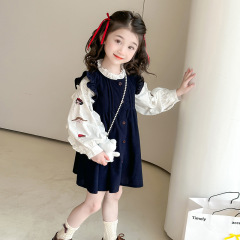 女の子用ワンピースセット春秋韓国版プリンセススカート新型長袖刺繍シャツ2点セット洋風スカート