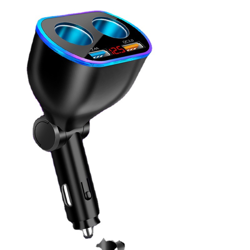 QC3.0新款光環數顯USB車充雙口快充一拖四多功能車載充電器點煙筒