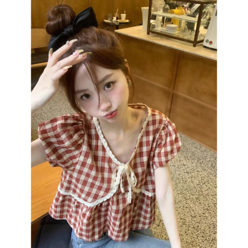 New 2025 Summer Korean Style Retro Checkered Bubble Sleeve Lace Edge Doll Shirt Top