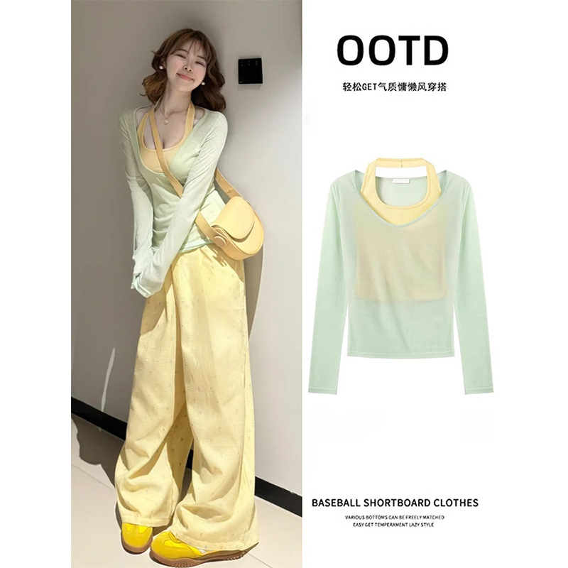 Mint Green Blouse Tulle Sling Top Two-piece Suit Summer Mesh Long-sleeved Women's Spring Dopamine Wear