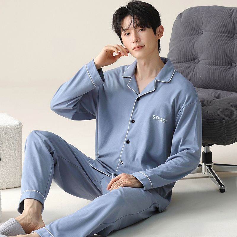 Pijama de hombre primavera y otoño cardigan de manga larga set delgado suelto algodón puro estilo exterior se puede usar ropa de hogar