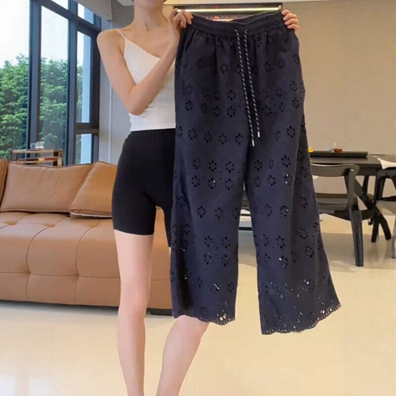 Plus-Size Women's Hollow-Out Lace Floral Casual Wide-Leg Pants, Summer Thin Style, High-Waisted, Slimming, Drapey Straight-Leg Pants Plus-Size Women's Hollow-Out Lace Floral Casual Wide-Leg Pants, Summer Thin Style, High-Waisted, Slimming, Drapey Straight-Leg Pants