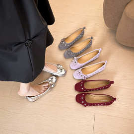 193-1 复古新款懒人玛丽珍鞋女浅口圆头花朵平底舒适芭蕾单鞋女