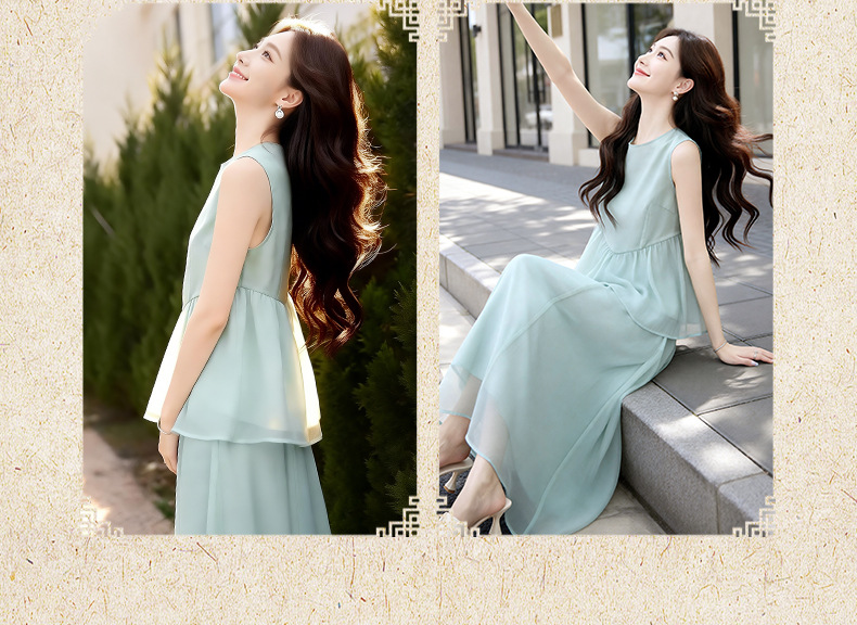 Set váy hai mảnh gồm áo không tay phối chân váy midi thắt eo — xanh lá cây chi tiết 8