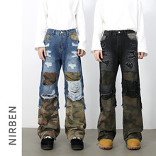 nirben牛仔|高街美式拼接破洞迷彩牛仔裤男潮牌宽松直筒阔腿长裤