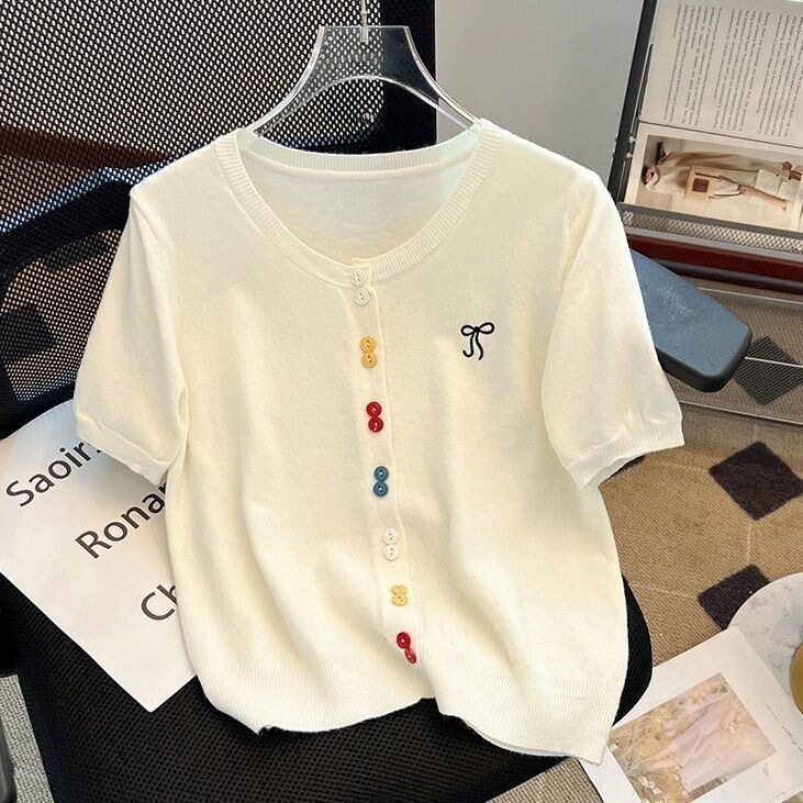 Plus-Size Colorful Button-Down Niche Embroidered Cream-Colored Knit Short-Sleeve Cardigan, Slimming and Versatile