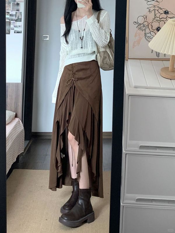 美拉德穿搭套装女早秋高级感针织罩衫不规则抽绳吊带连衣裙两件套|undefined