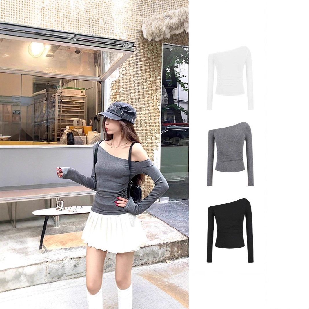 欲辣妹修身显瘦露肩长袖T恤女装早秋设计感百搭打底衫学生秋上衣