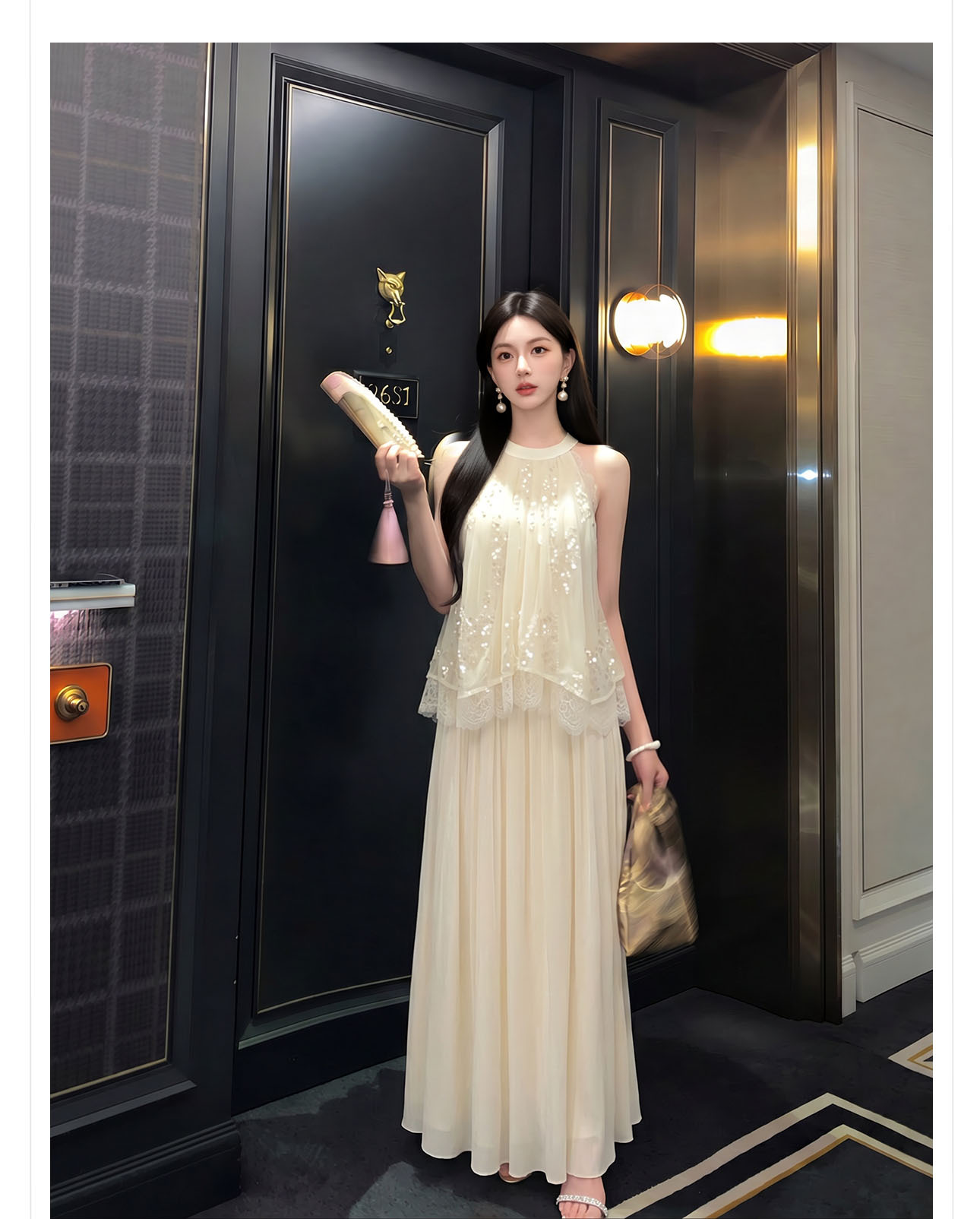 Áo croptop nữ tay ngắn cổ yếm xếp ly đính sequin phối bộ — bộ đồ, nửa váy, Gạo trắng Top chi tiết 8
