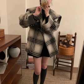 新款海军领双面绒大衣女秋冬时尚感复古宽松慵懒风格子毛呢外套女