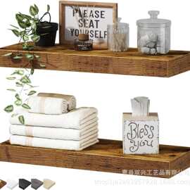 跨境热销一字隔板浮动架壁挂式存储货架乡村风卧室浴室木质置物架