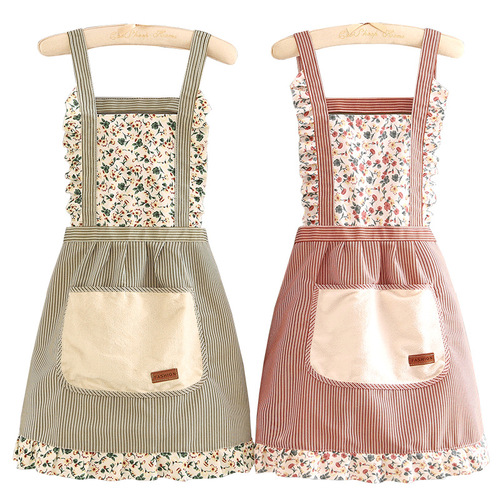 Huazhen brand adult Korean canvas kitchen household cooking anti-fouling household vertical striped floral princess apron batch