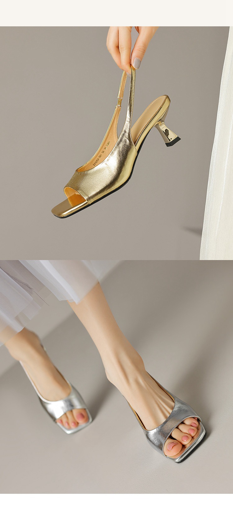 Sandal cao gót nữ mũi vuông hở mũi, gót thô 5.5 cm, phong cách Hàn Quốc, miệng nông — Da lộn cừu màu đen chi tiết 13