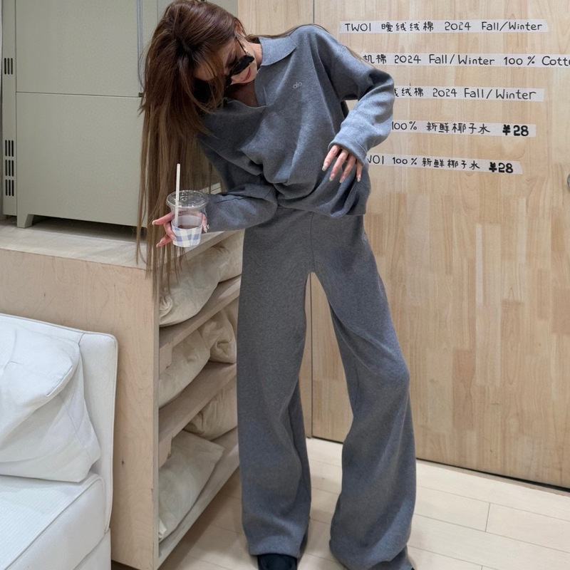 alo同款瑜伽健身套装女老钱风polo领套头针织衫休闲阔腿裤两件套|undefined