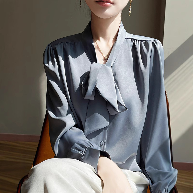 Light Luxury High-End Champagne Satin Bow Shirt Women's Ribbon Long-Sleeved Shirt Professional Work Clothing Top