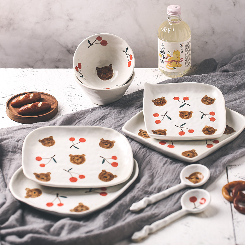 Original Jingdezhen hand-painted stoneware cute cherry bear ceramic tableware set Japanese household dishes and spoons wholesale