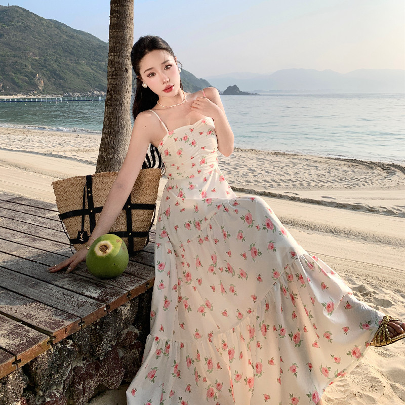 가벼운 가운 프랑스 원피스 원피스 발목 작은 장미 꽃 스트랩 주름 높은 허리 큰 치마 꽉 허리