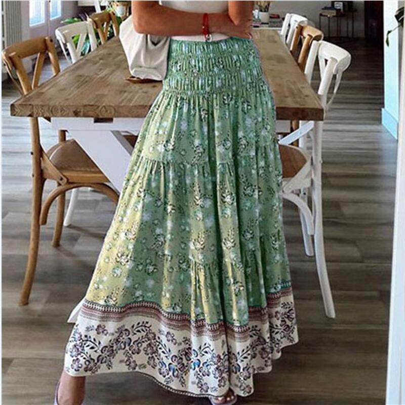 New European And American Printed Flared Bohemian Casual High-waisted Long Skirt, Beach Skirt For Women_ecoleips.com