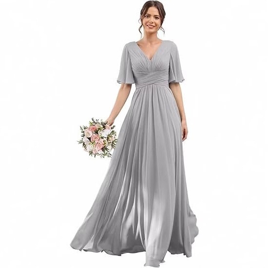 European and American style plus-size mid-sleeve chiffon V-neck slim-fit bridesmaid dress, elegant evening gown for wedding and banquet hostess European and American style plus-size mid-sleeve chiffon V-neck slim-fit bridesmaid dress, elegant evening gown for wedding and banquet hostess