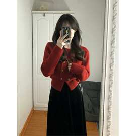 法式桔梗小香风高级感小洋装名媛红色毛衣半身裙两件套装女秋冬装