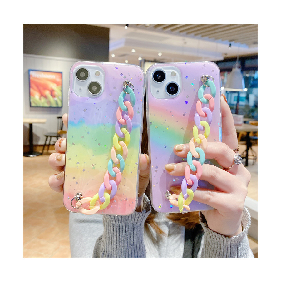 时尚彩虹手链适用iphone16Pro手机壳滴胶闪粉苹果13/14软胶保护套