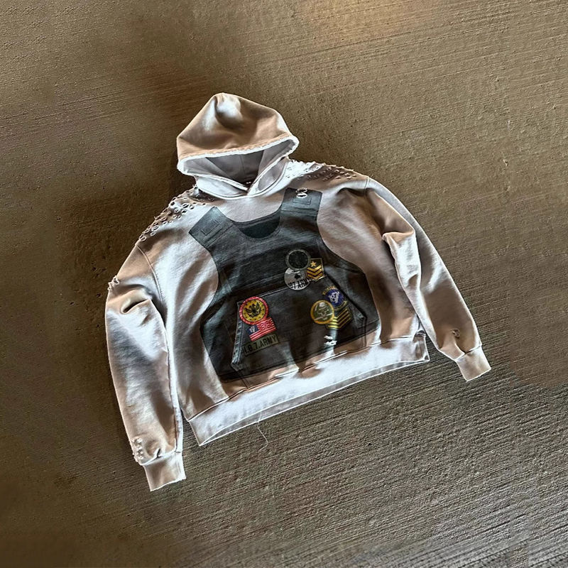 OEM vintage acid-washed short hoodie with printed distressed design, ripped shoulders, oversized street style pullover sweatshirt