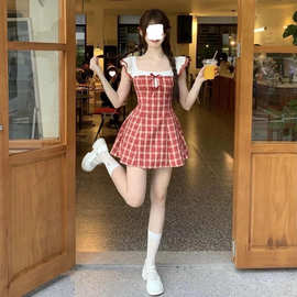 少女感显瘦气质复古红格纹小飞袖公主裙小个子百搭短