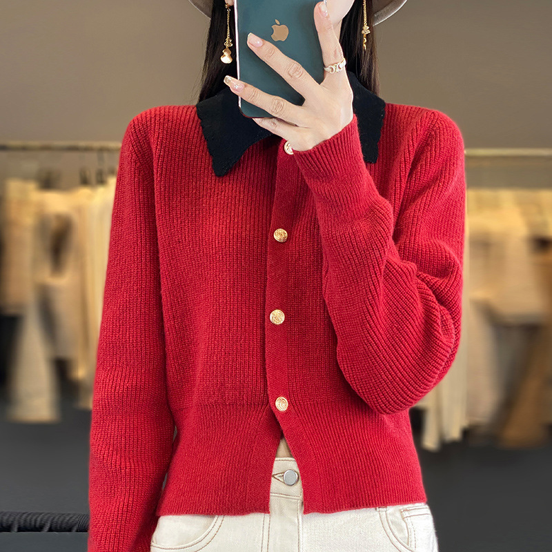 跨境秋冬新款小香风撞色翻领针织衫开衫女抽条百搭长袖毛衣外套上|undefined
