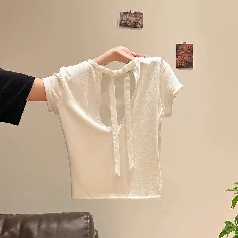 ホットガールデザインバックレススリムリボン半袖Tシャツ女性用2025夏ニッチ中空トップ|undefined
