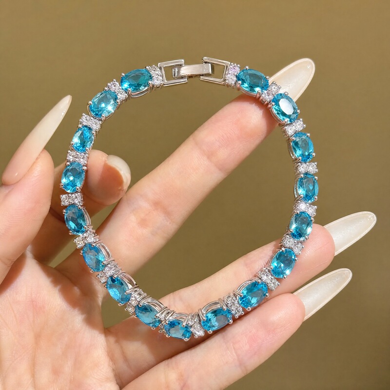 Light Luxury European and American Style Blue Topaz Zircon Bracelet for Women, Fashionable Full Diamond Design Jewelry, Cross-Border Hot Item Light Luxury European and American Style Blue Topaz Zircon Bracelet for Women, Fashionable Full Diamond Design Jewelry, Cross-Border Hot Item