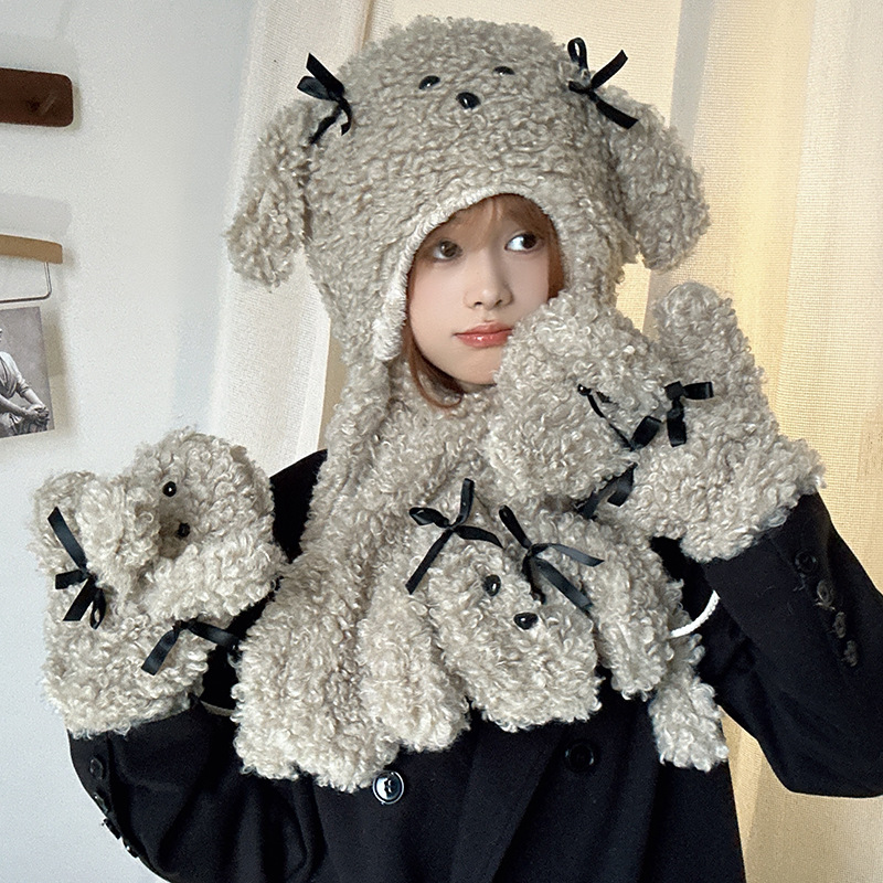 Lazy Holiday~Shop/Teddy Hairy Cartoon Cute Gloves Hat Scarf 3-Piece Set for Autumn and Winter Warmth_voghion.com