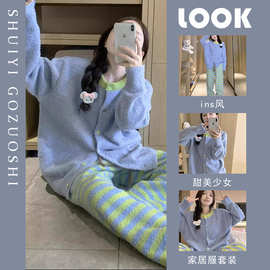 ins高级感条纹珊瑚绒睡衣女秋冬季新款加绒加厚毛绒绒家居服套装