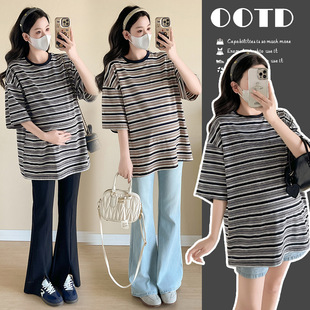 2025 New Cotton Stripe Maternity Top Mid-Length Easiest for Match Casual Maternity T-Shirt Postpartum Nursing Top