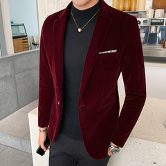 韓国版の小さいスーツの男性のファッションのカジュアルな西のコートの純色の青年の金のベルベットの小さいスーツの男性式のコートの上着