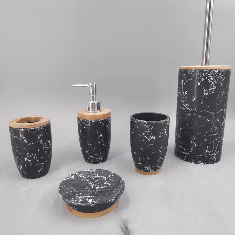 Hengfei Ceramic Stoneware Dolomite Bathroom Accessories Set Four-Piece Set Black Marble Texture Bamboo Cover Fujian Wine Hengfei Ceramic Stoneware Dolomite Bathroom Accessories Set Four-Piece Set Black Marble Texture Bamboo Cover Fujian Wine