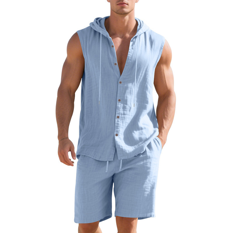K Loose Casual Minimalist Hooded Sleeveless Sports Shirt Shorts Two-piece Set_viptrois.com