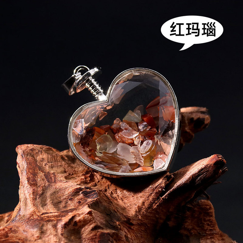 D65天然石吊坠爱心幸运瓶紫水晶粉晶吊坠许愿瓶天然石碎石瓶项链|undefined