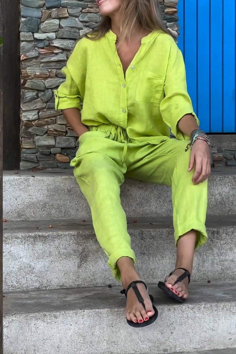 Women's Clothing 2024 Summer New Women's 2 piece Set Large Size Cotton and Linen Shirt Set High Waist Loose Trousers_voghion.com