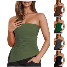 2025跨境欧美风女装新款纯色一字领抹胸时尚修身不规则开叉吊带