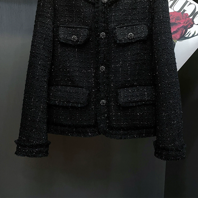 Черная демисезонная куртка, стиль Chanel, французский стиль, высококлассный стиль