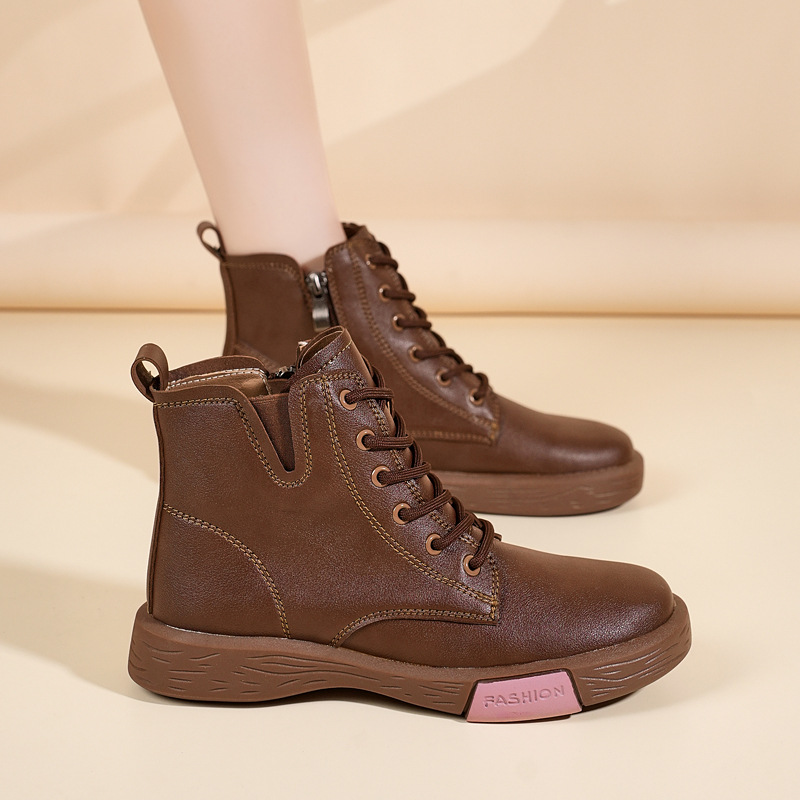 Zapatos de mujer Zhongfang2025 otoño y invierno nuevo cuero retro cordón medio botas cortas laterales con cremallera plana zapatos