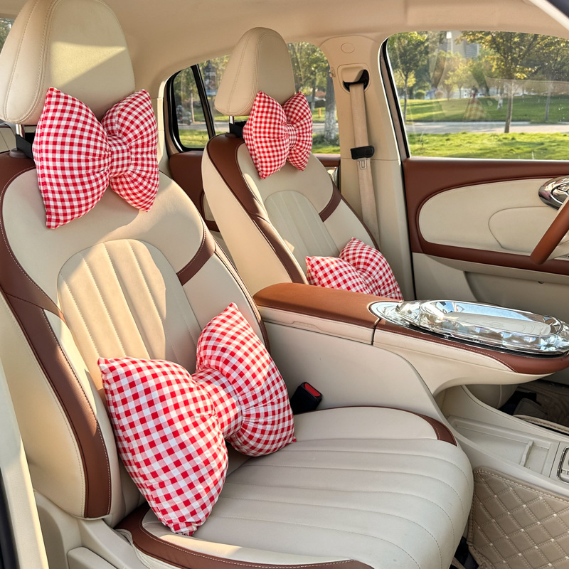 2026 New Car Accessories Cotton Butterfly-Shaped Small Checkered Red Headrest and Lumbar Support