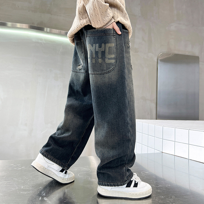 Boy's Straight Leg Jeans Spring 2024 New Middle to Large Kids Casual Fall Wide Leg Pants Children's Hole Pants Trendy