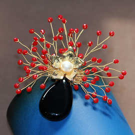 太阳云高档复古夸张大胸针红色仿水晶花瓶胸花天然淡水珍珠别针女