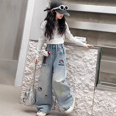 女の子パンツ 2025春秋新作 女の子中学生刺繍ジーンズ 中学生ストレートワイドパンツ