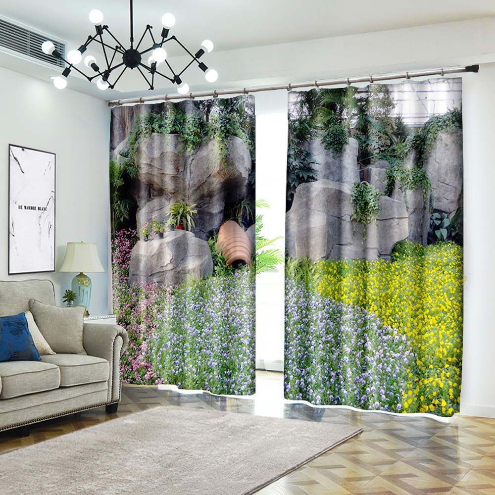 跨镜专供北欧风来图3D数码印花绿色植物风景窗帘客厅来图亚马逊