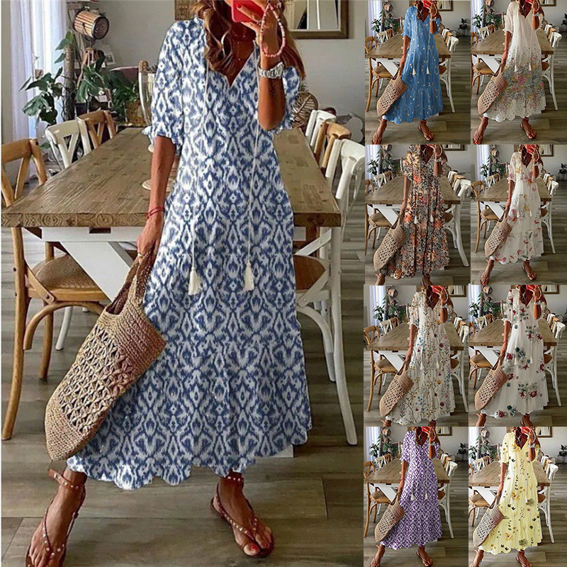 2023 Spring/Summer Amazon European and American Cross-Border Casual Sweet Loose V-Neck Printed Strap Mid-Sleeve Long Dress